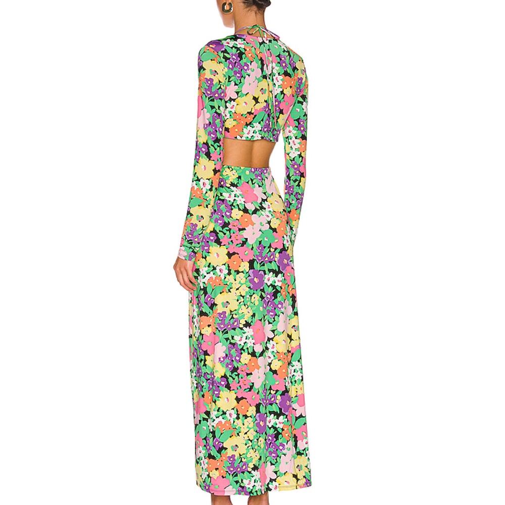 AFRM NEW Monique Neon Floral Cut Out V-neck Tie Front Long Sleeve Maxi Dress - Picture 2 of 12